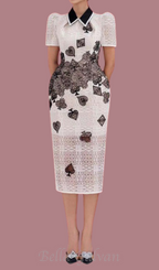 Flowering Girl Women Poker Patterns embellished midi dress in white