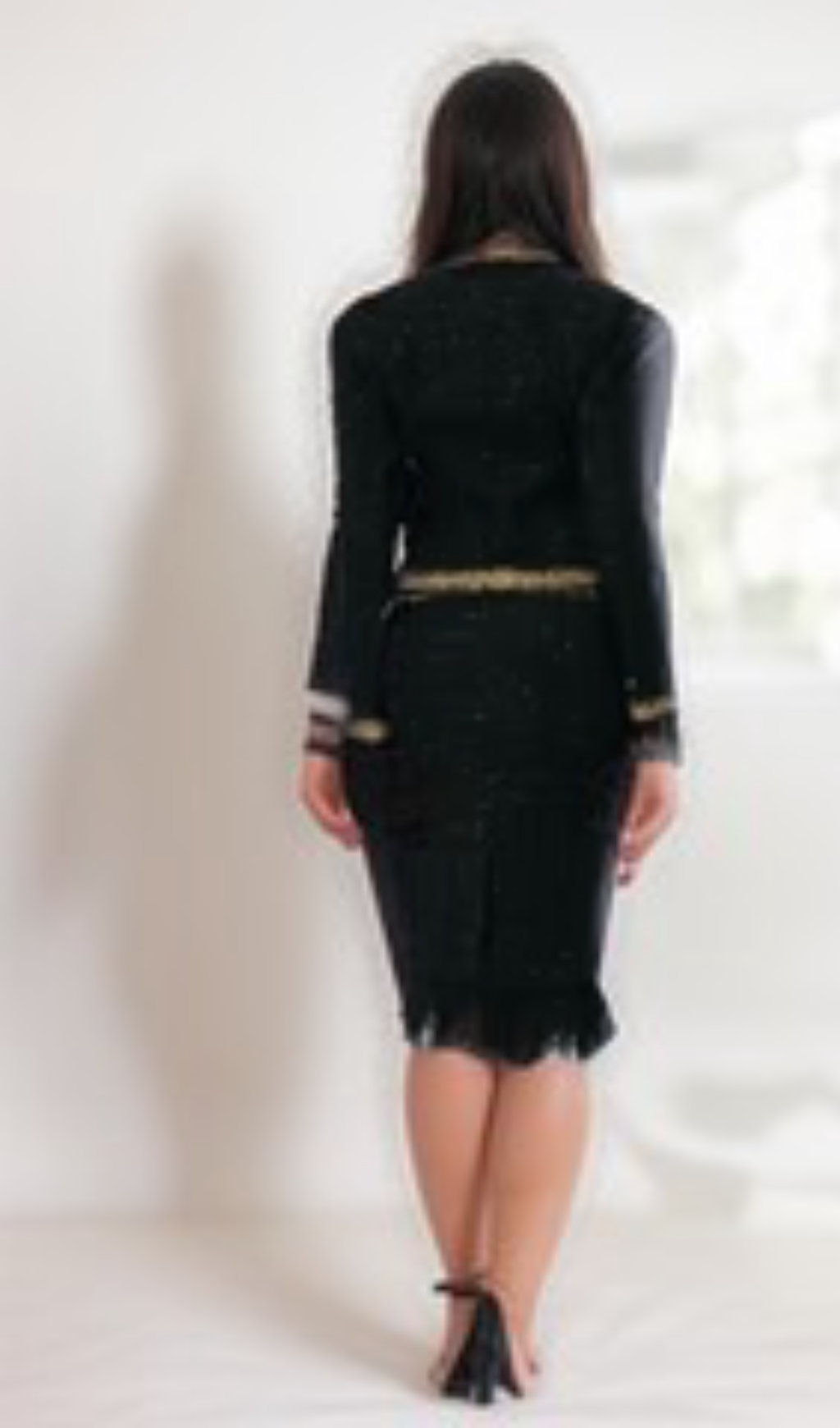 Flowering Girl Women Black Tweed Blazer and Skirt Set with Gold Trim and Feather Detailing