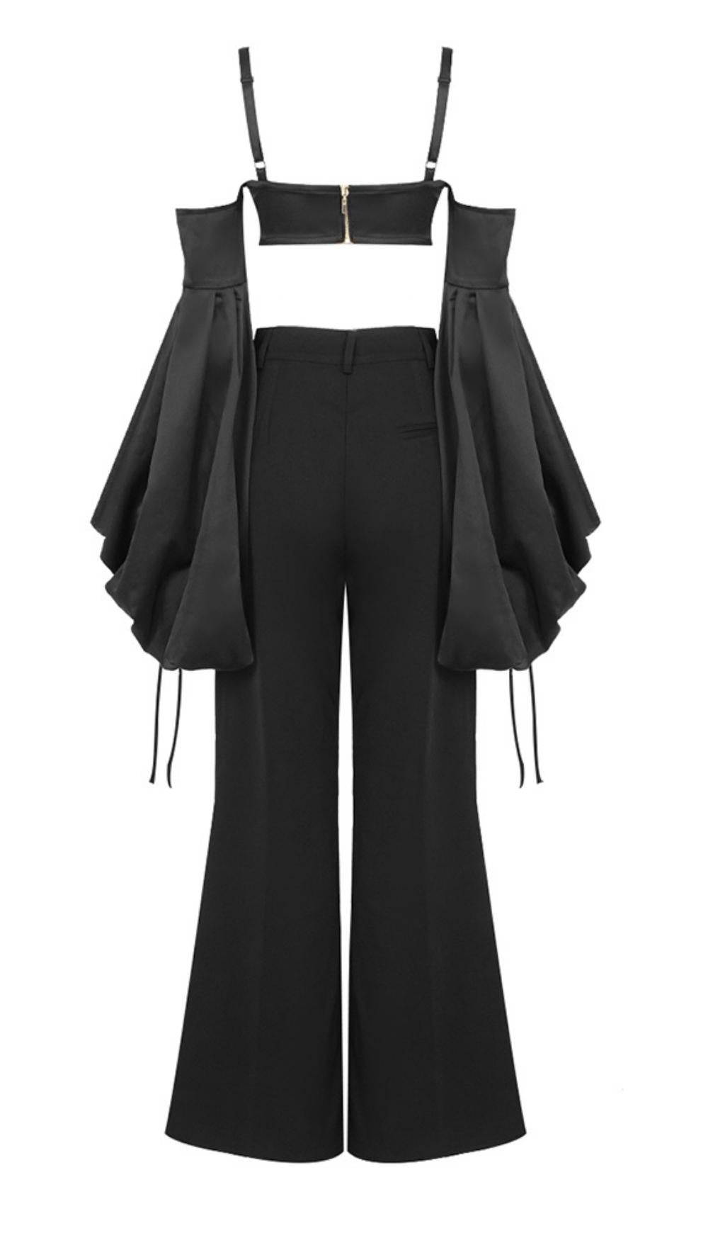 Flowering Girl Women Bubble Sleeve Two Piece Suit In Black
