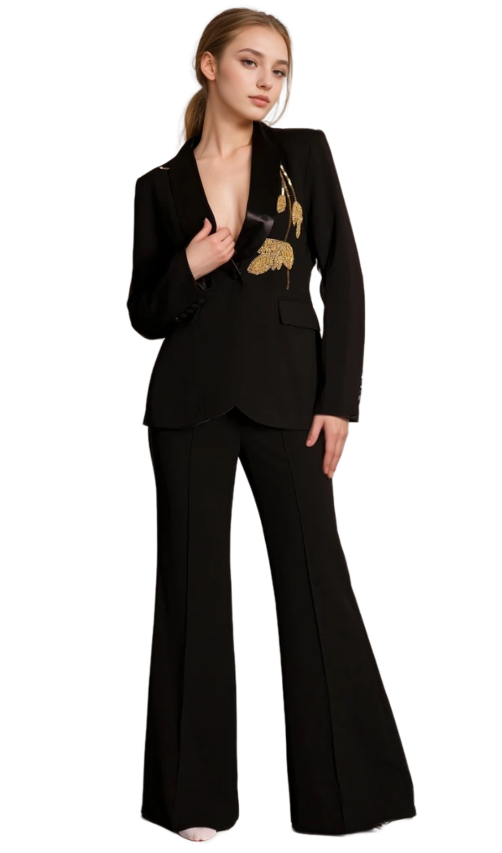 Flowering Girl Women angela Primatou Black Embroidered Flared Blazer Suit