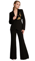 Flowering Girl Women angela Primatou Black Embroidered Flared Blazer Suit