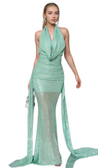 Flowering Girl Women agatha Cowl Backless Sequin Maxi Dress in green