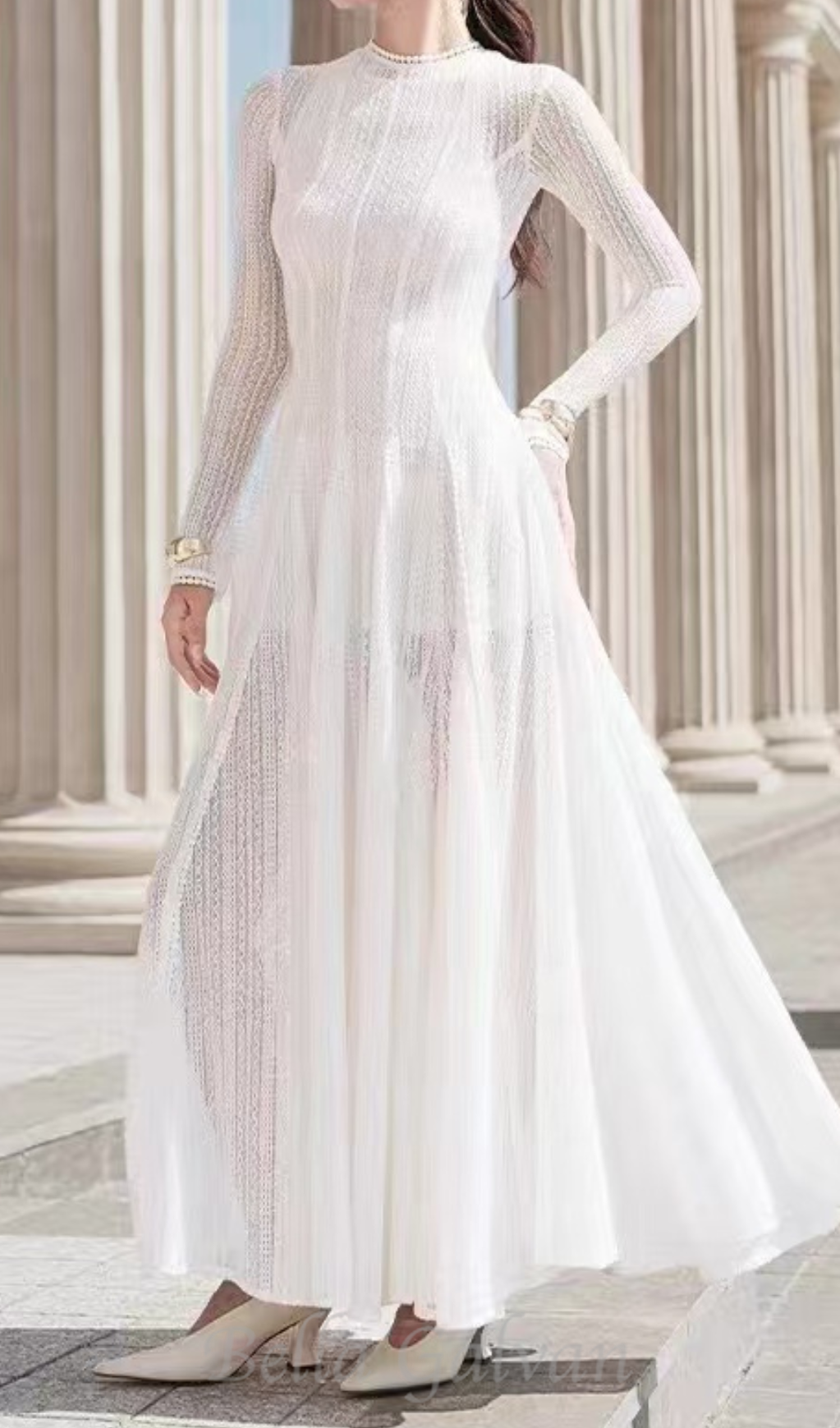 Flowering Girl Women white crochet lace maxi dress with sleeves