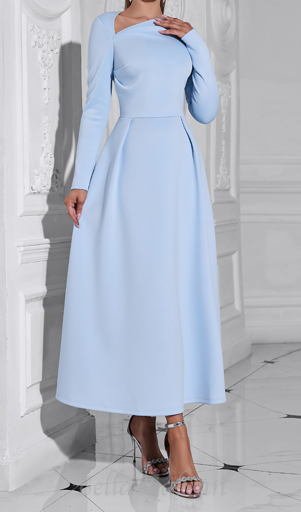 Flowering Girl Women long sleeve satin a-line maxi dress in blue