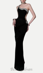 Flowering Girl Women black one-shoulder diamonds bandage maxi dress