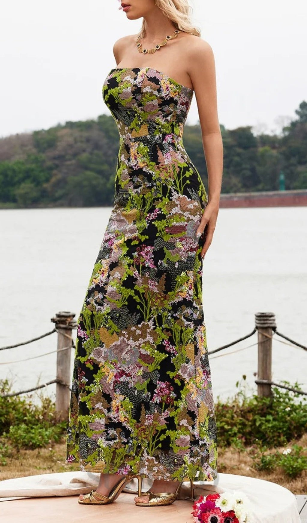 Flowering Girl Women Strapless Floral Sequin Maxi Dress