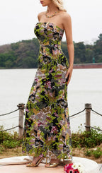 Flowering Girl Women Strapless Floral Sequin Maxi Dress