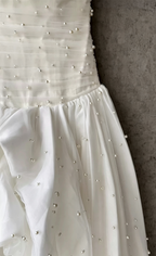 Flowering Girl Women White Strapless Ruched Pearl Draped Chiffon High Slit Maxi Gown