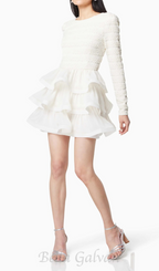 Flowering Girl Women Ruffle trim Long Sleeved Mini Dress in white