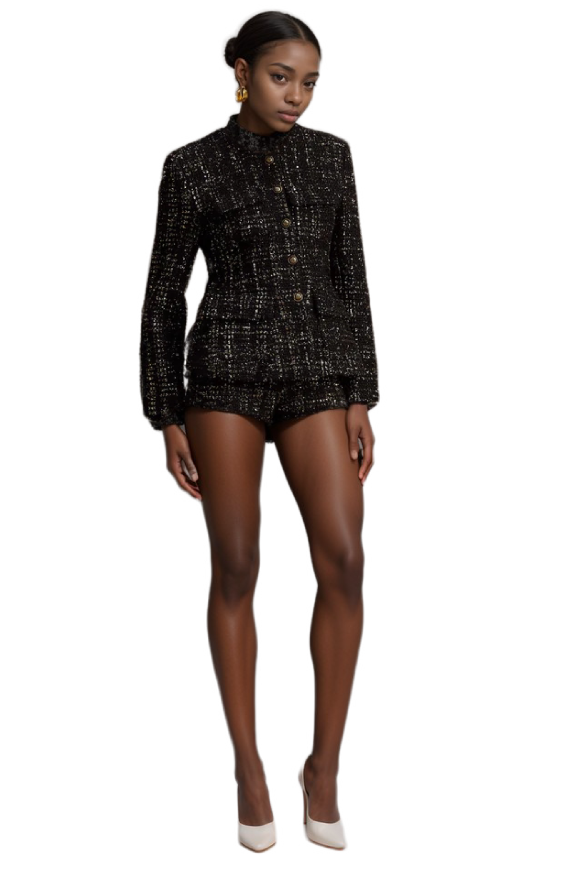 Flowering Girl Women Claudine Black Metallic Tweed Jacket & Shorts Matching Set
