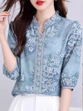 simona Classic Auricular Collar Printed Chiffon Top