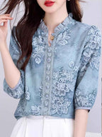 simona Classic Auricular Collar Printed Chiffon Top