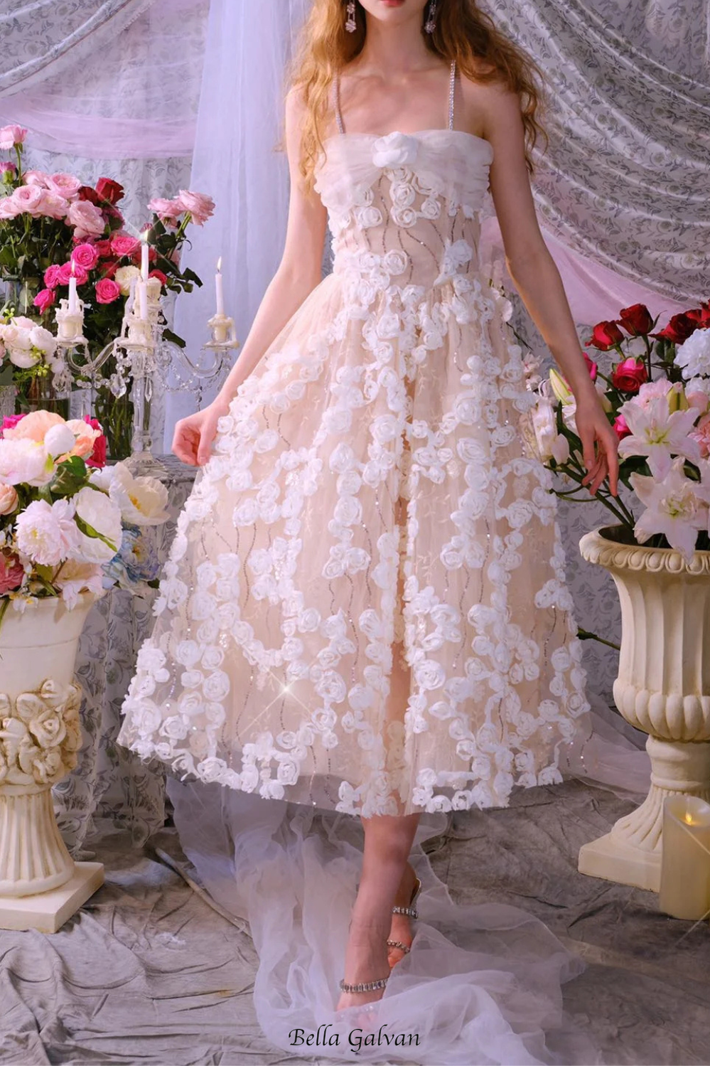 Flowering Girl Women Stereoscopic Flower Rhinestone Chain maxi Dress in white