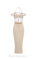 Flowering Girl Women crystal chain embellished fishtail skirt set in apricot