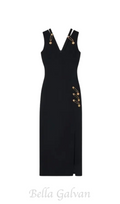 Flowering Girl Women v-neck Pin-embellished maxi Dress in black