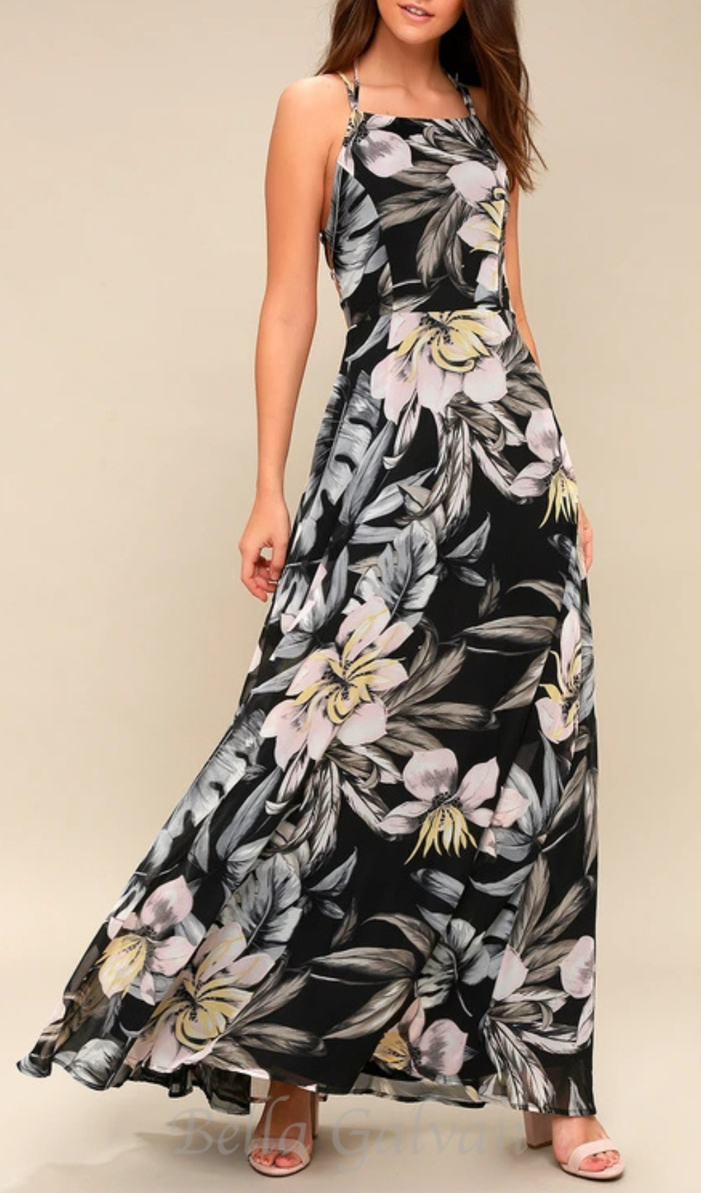 Flowering Girl Women Black Floral Print Lace-Up Maxi Dress