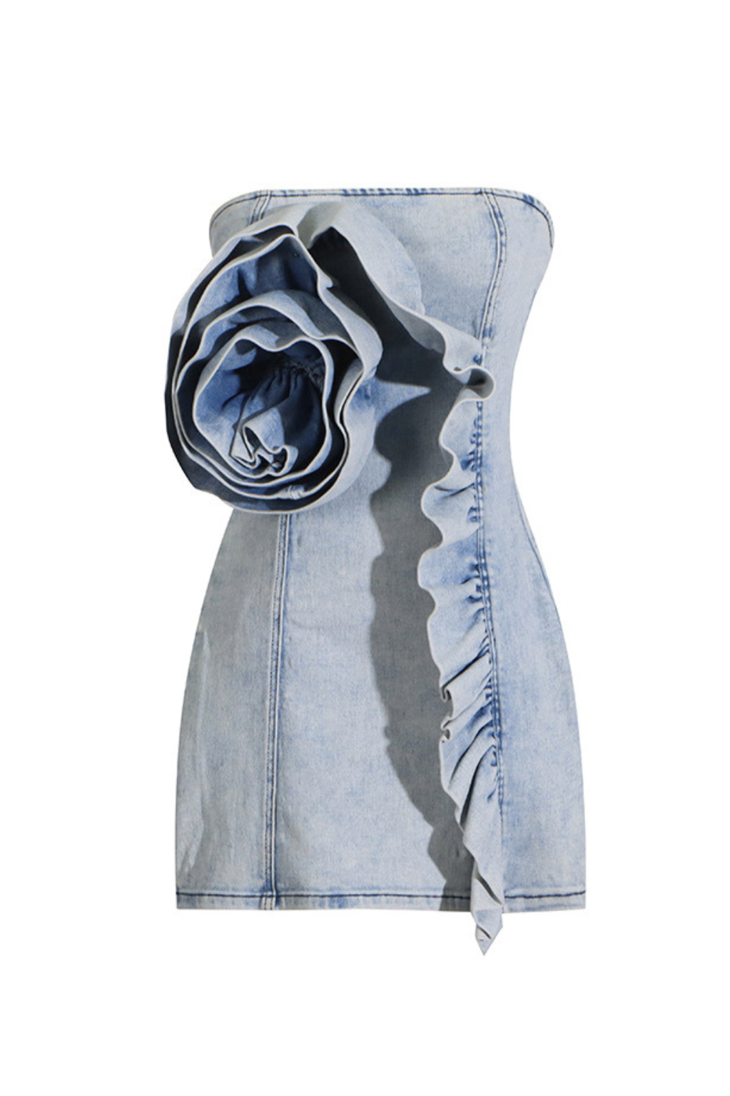 Flowering Girl Women Alison Blue Ruffled Trim Strapless Denim Mini Dress