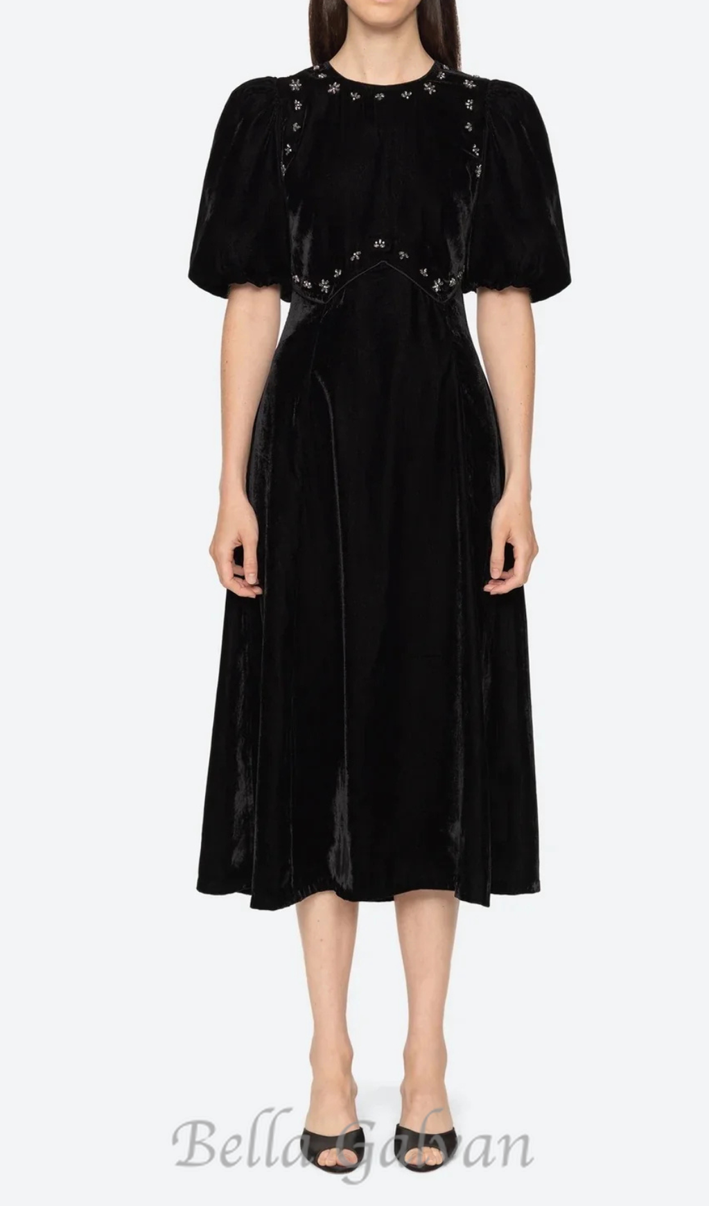 Flowering Girl Women crystal embellished puff midi dress in black