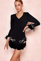 Flowering Girl Women Long Sleeve Bow Crystal Feather Dress