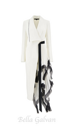 Flowering Girl Women Asymmetric pleated ruffle trim blazer dress in white