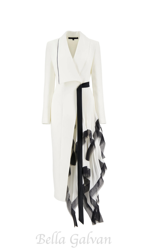 Flowering Girl Women Asymmetric pleated ruffle trim blazer dress in white