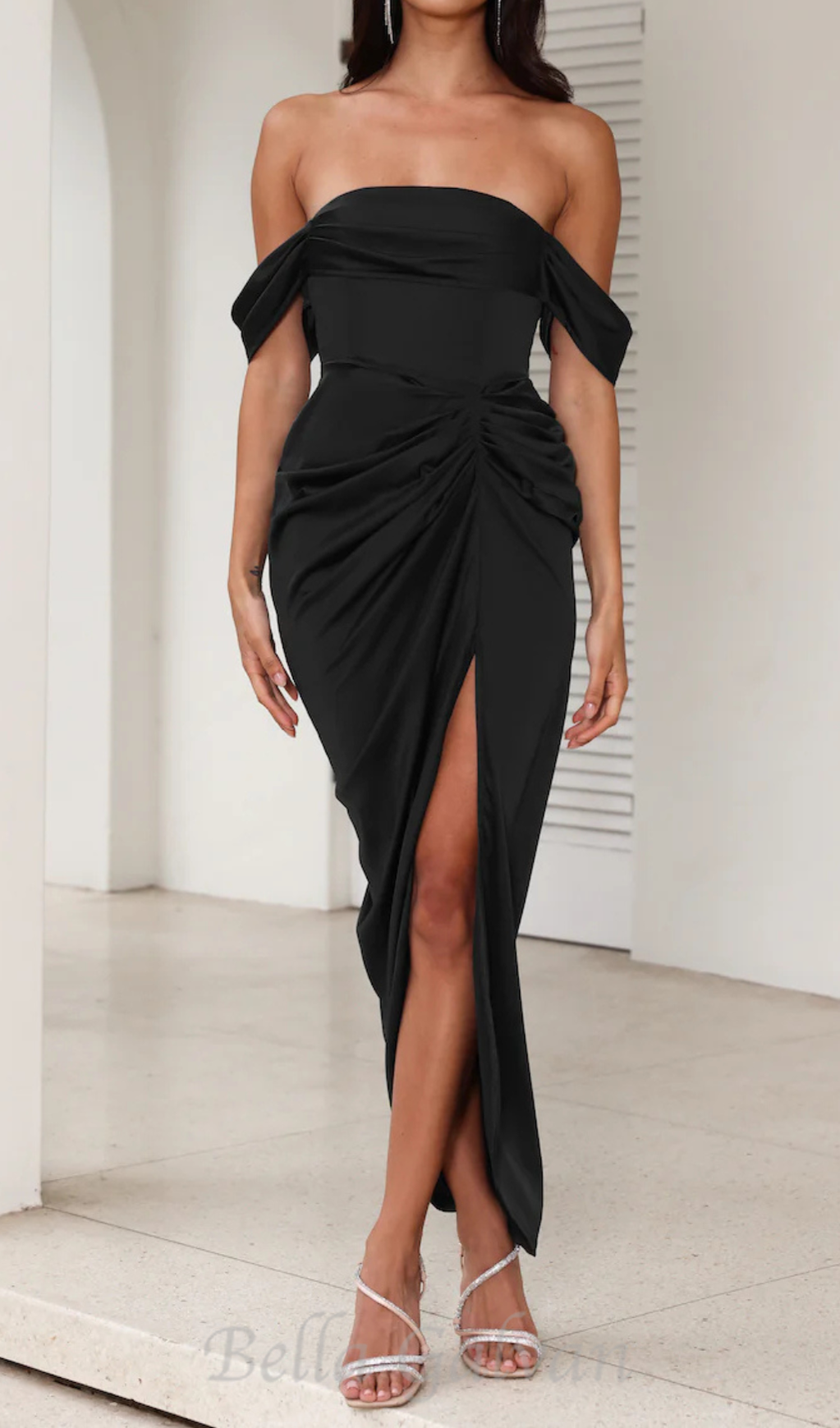 Flowering Girl Women strapless satin midi dress in black