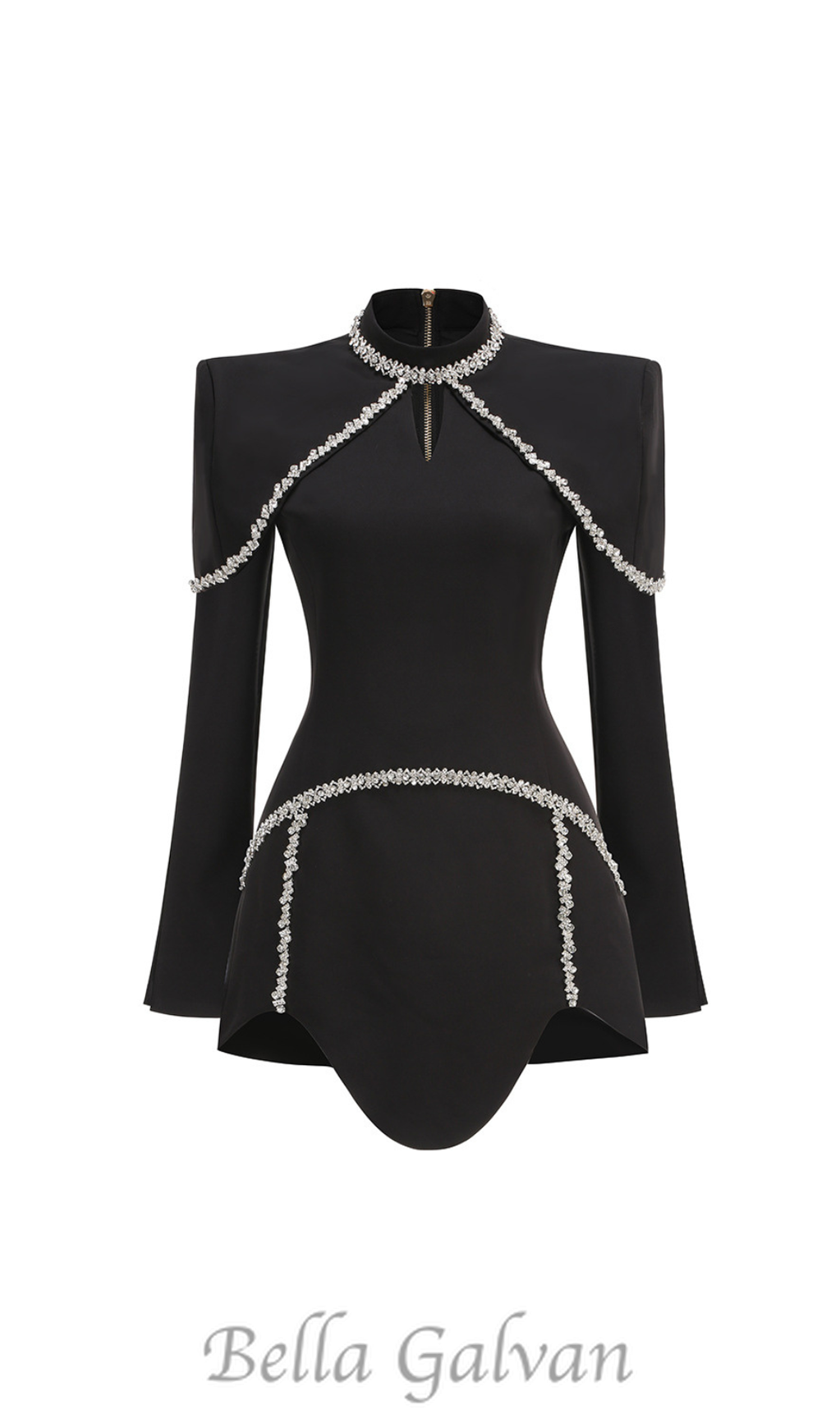 Flowering Girl Women diamond chain embellished trumpet sleeve mini dress in black
