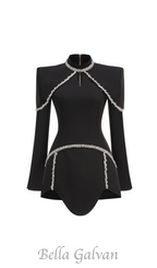 Flowering Girl Women diamond chain embellished trumpet sleeve mini dress in black