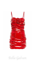Flowering Girl Women Shiny Pleated 3D Flower mini Dress in red
