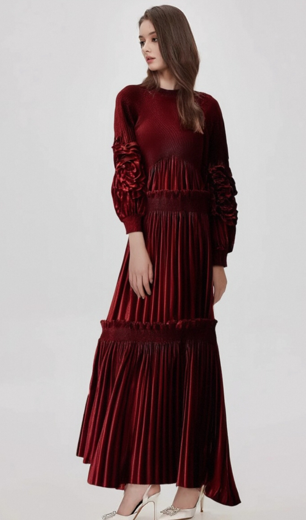 Flowering Girl Women Donna red floral-appliqué pleated velvet midi dress