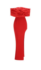 Flowering Girl Women Sophia Off Shoulder Ruched Maxi Slit Dress in red