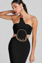 Flowering Girl Women Gold Chain Waist Cutout Bandage Dress