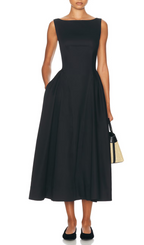 Flowering Girl Women Stretch Cotton Sateen Midi Dress in black