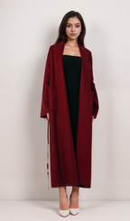 Flowering Girl Women Luxurious Deep Red Belted Wool Coat with Oversized Fit