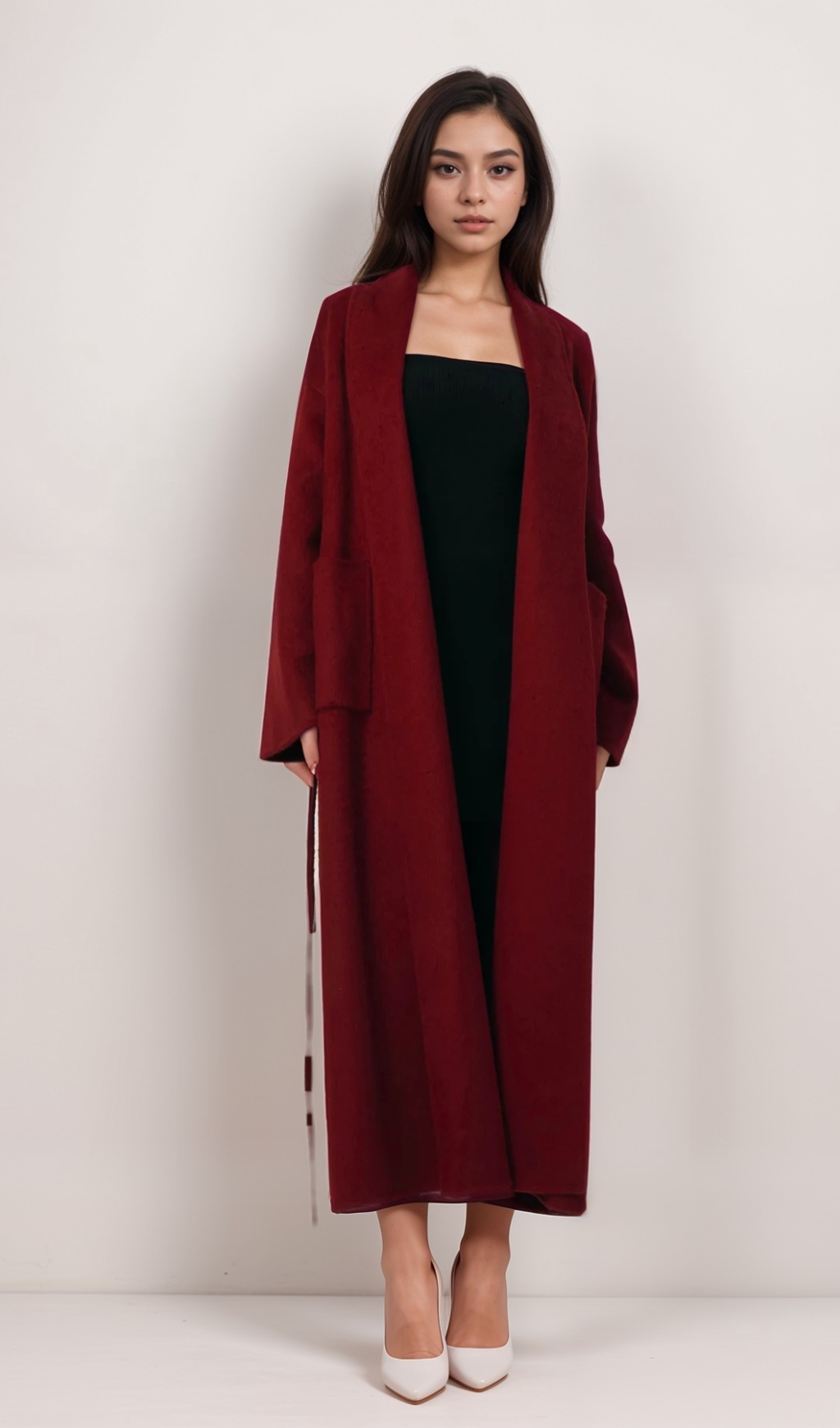 Flowering Girl Women Luxurious Deep Red Belted Wool Coat with Oversized Fit