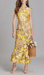 Flowering Girl Women FLORAL EMBROIDERY MESH FISHTAIL MIDI DRESS IN YELLOW