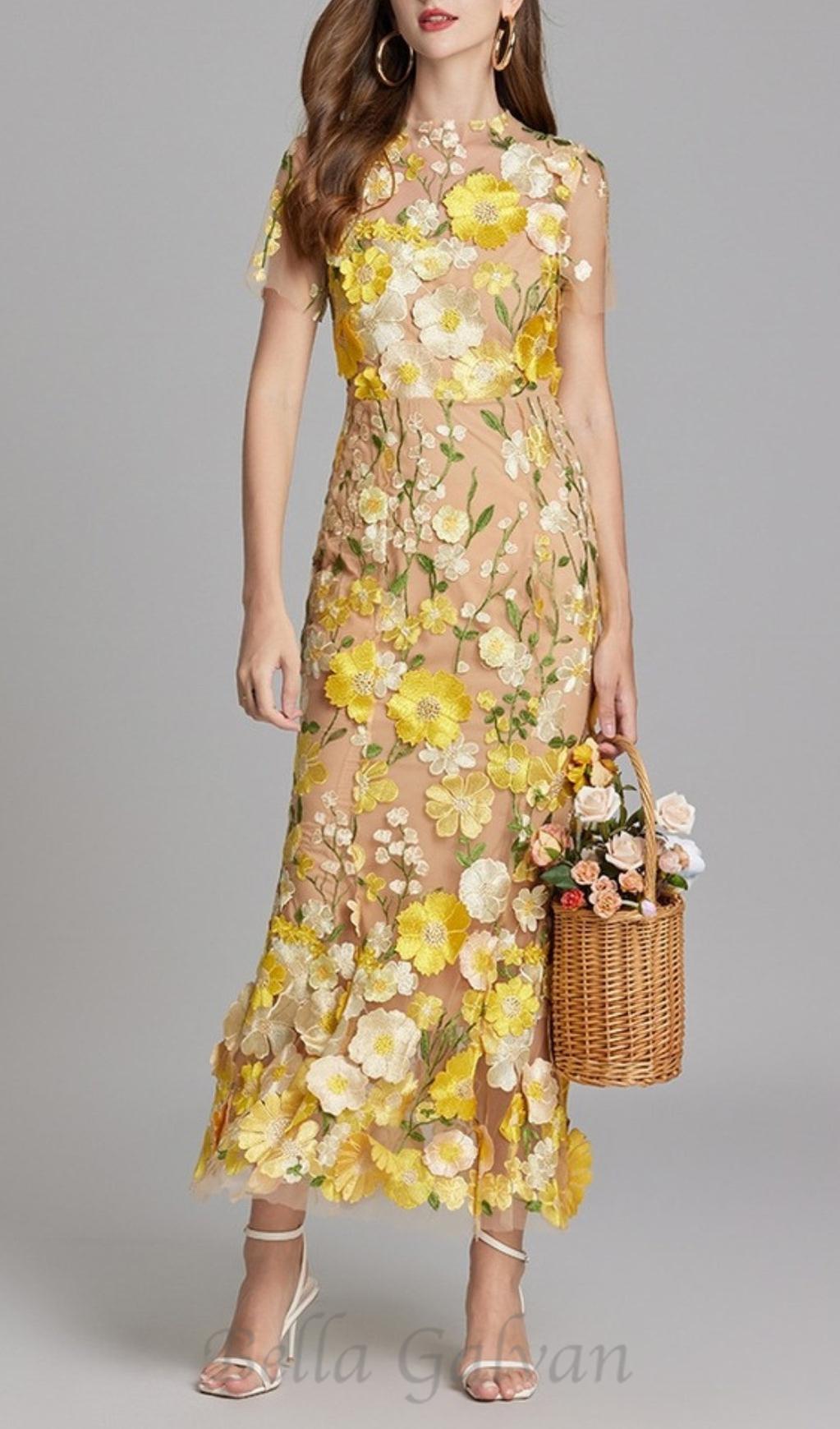 Flowering Girl Women FLORAL EMBROIDERY MESH FISHTAIL MIDI DRESS IN YELLOW