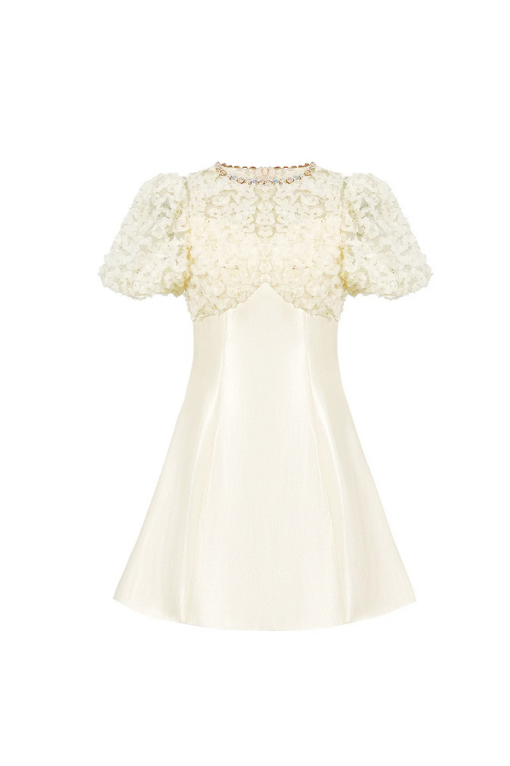 Flowering Girl Women Floral Lace Puff Sleeve A-Line mini Dress in apricot