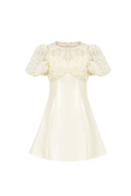 Flowering Girl Women Floral Lace Puff Sleeve A-Line mini Dress in apricot