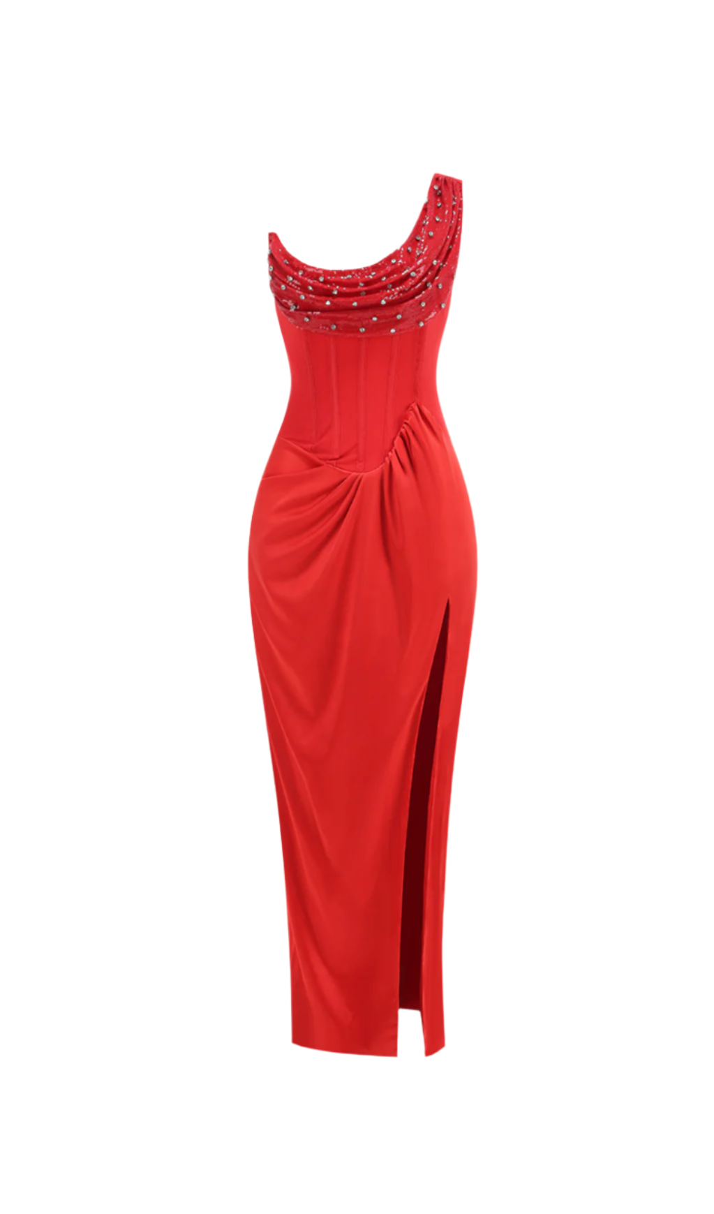 Flowering Girl Women Elma One-Shoulder Crystal Detail High Slit Maxi Dress In Red