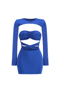 Flowering Girl Women pearl cut out long sleeve bodycon mini dress in blue