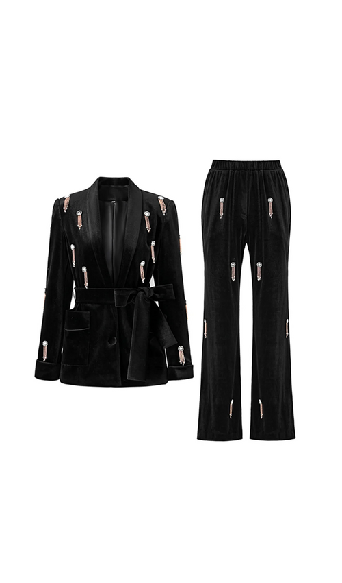 Flowering Girl Women apphia Velvet Diamond embellished blazer 2 Piece in black