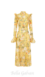 Flowering Girl Women Daisy Print Butterfly Sleeve Midi Dress in yellow