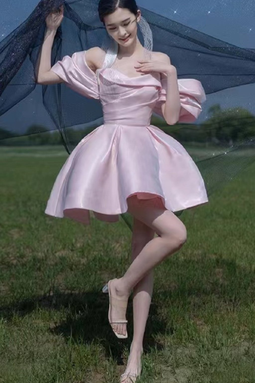 Flowering Girl Women Satin Puff Mini Dress In Pink