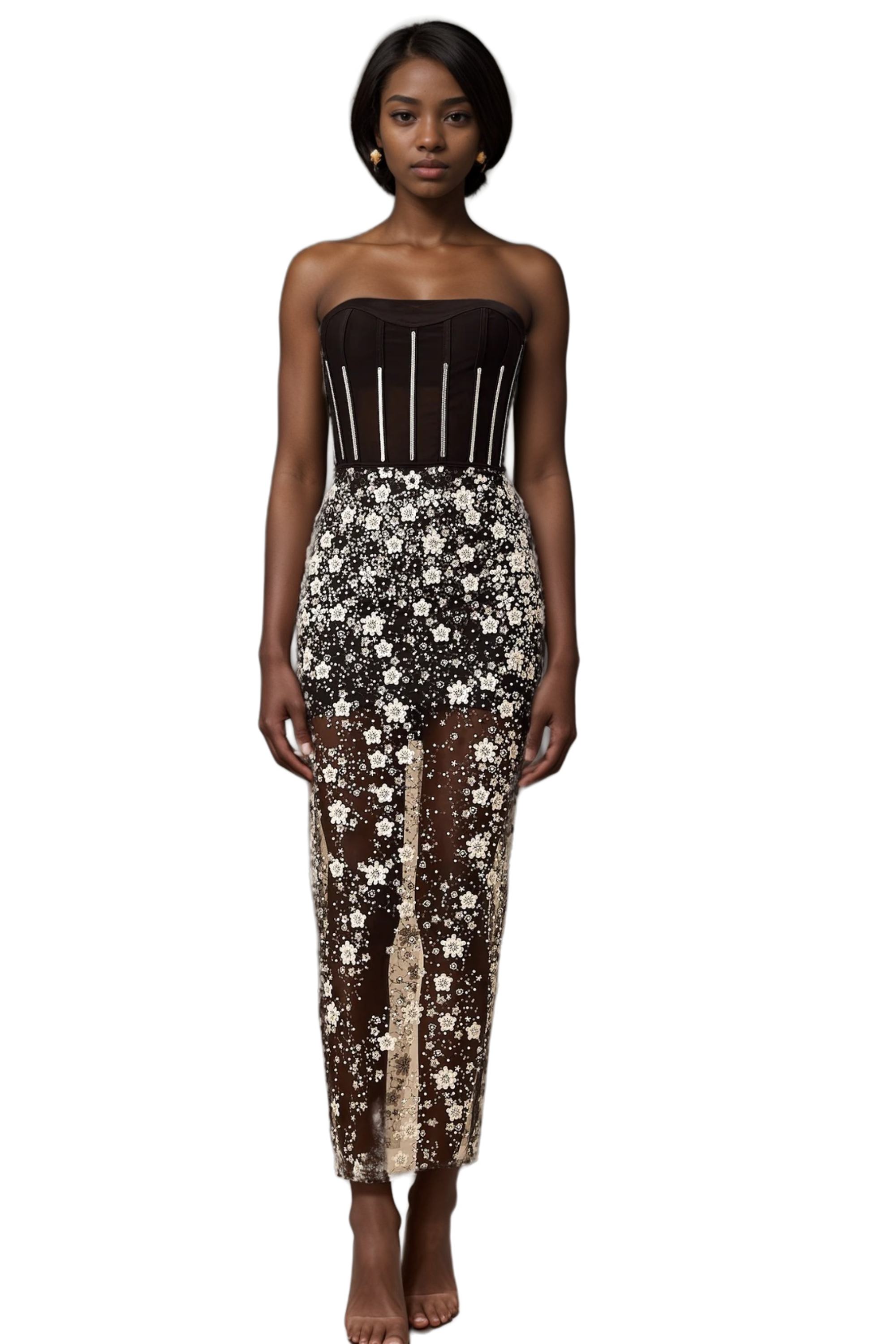 Flowering Girl Women Ophélie Black Sequined Flower Corset Midi Dress