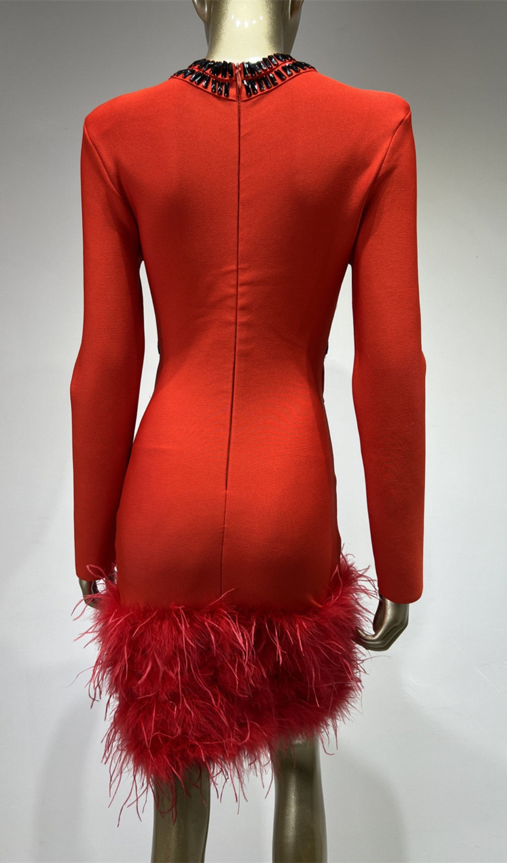 Flowering Girl Women RHINESTONE CUTOUT FEATHER BANDAGE DRESS IN RED