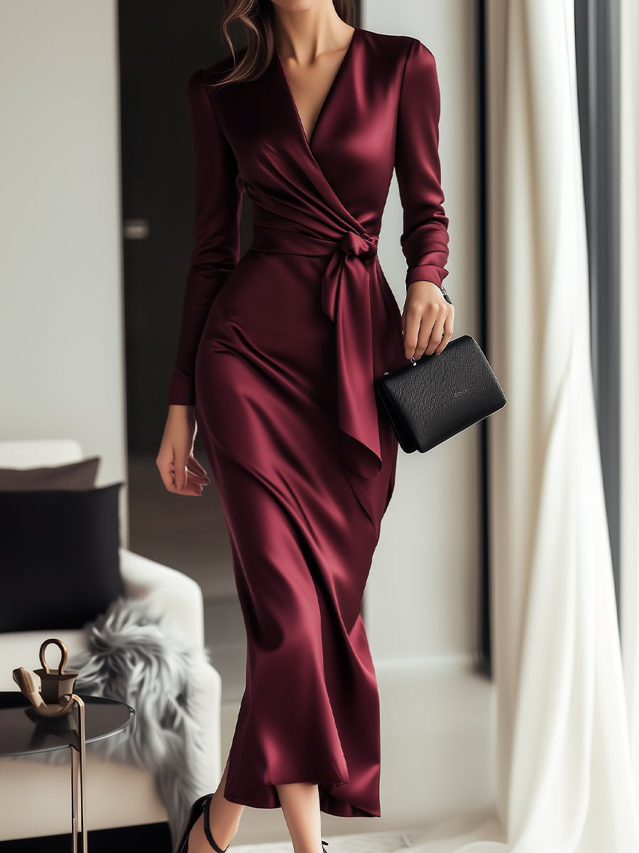 Timeless Burgundy Satin Wrap Dress With Waist Tie Detail