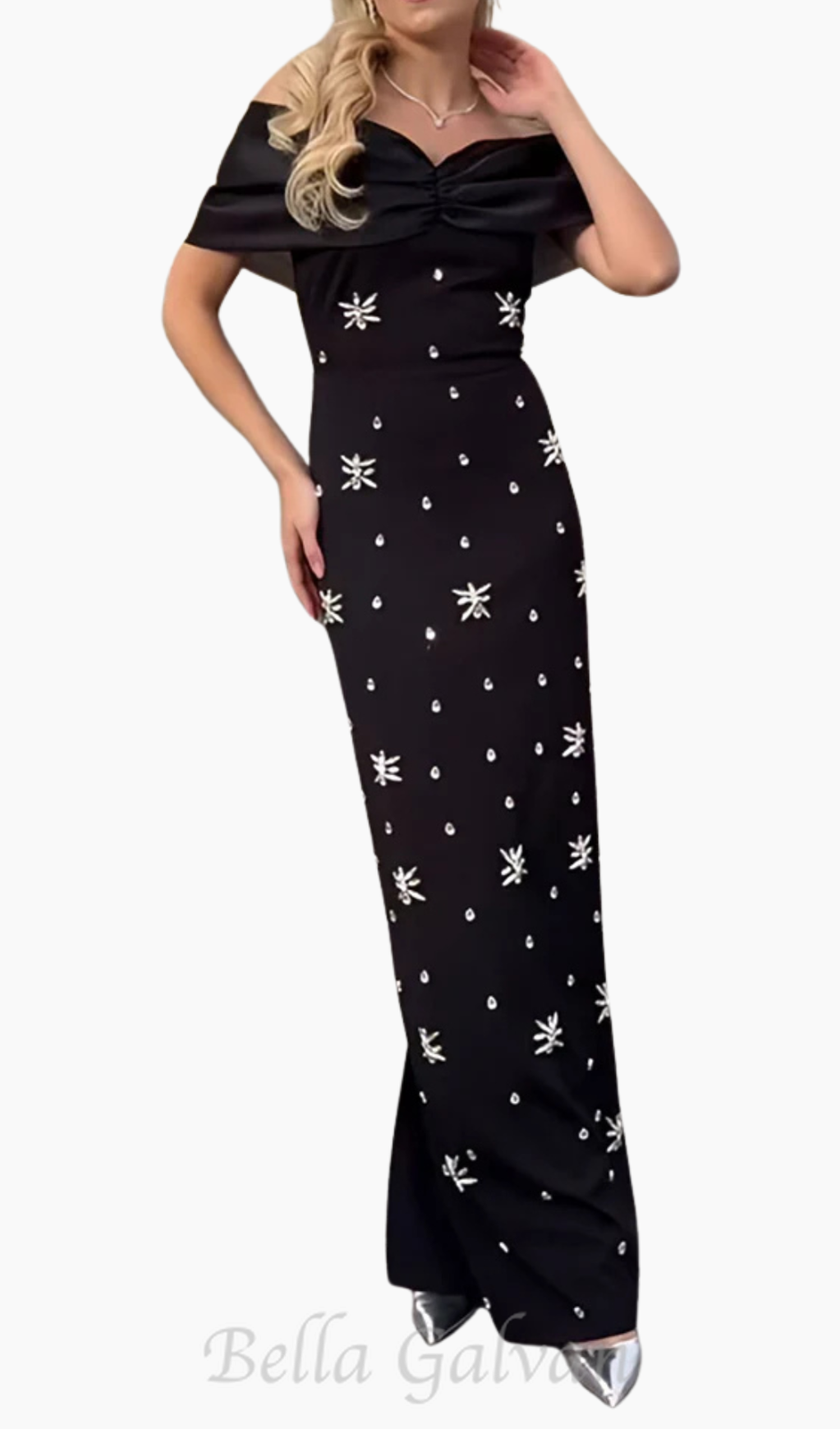 Flowering Girl Women draped bardot crystal detail maxi dress in black