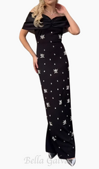 Flowering Girl Women draped bardot crystal detail maxi dress in black