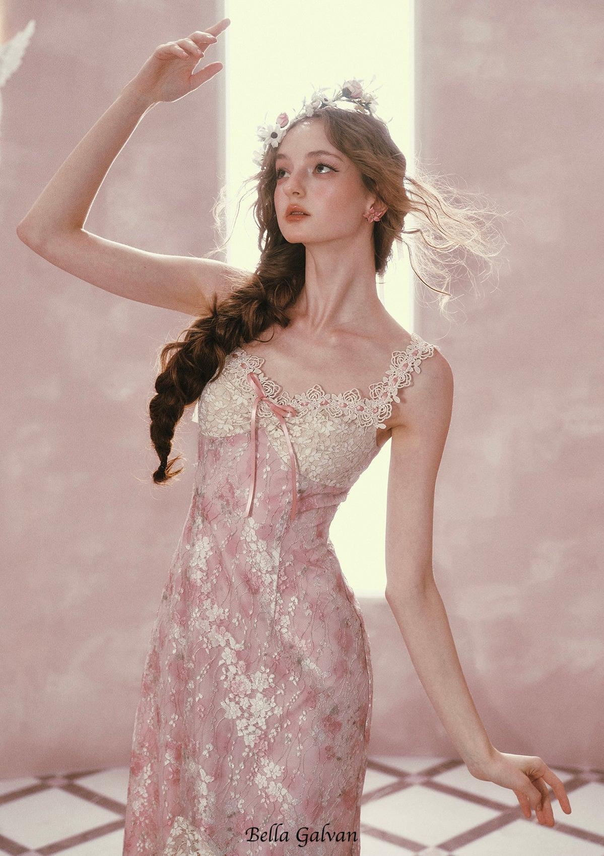 Flowering Girl Women mandy Floral lace embroidery midi dress - pink